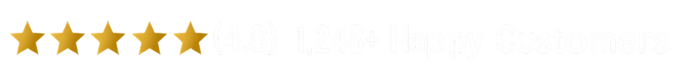 Five gold stars with “4.8” rating and text “1,248+ Happy Customers” on a dark background, representing positive customer reviews and high satisfaction.