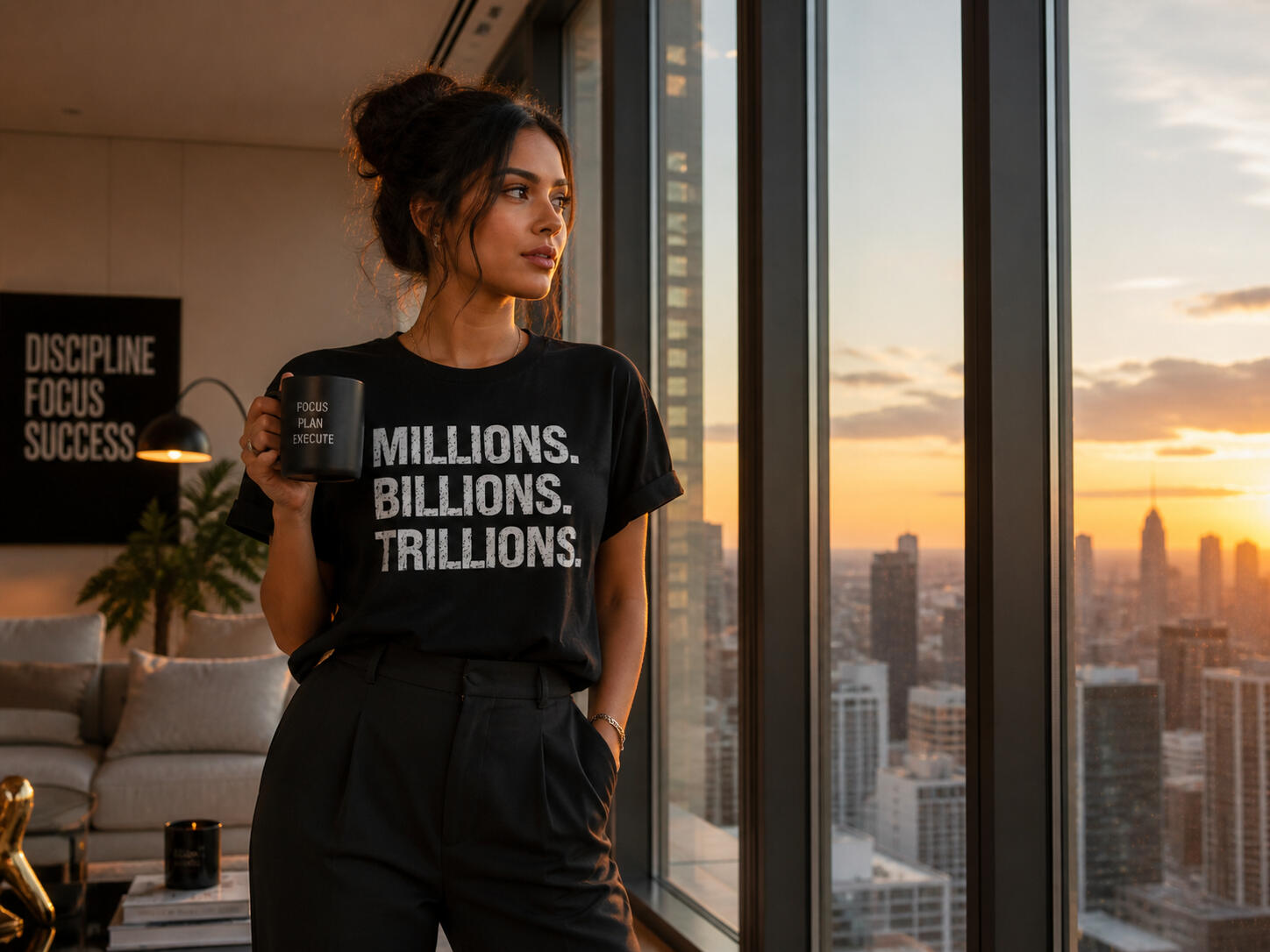 Stylish woman in a luxury penthouse at sunset wearing a black “Millions Billions Trillions” graphic t-shirt, standing by floor-to-ceiling windows with a city skyline view, holding a coffee mug in warm natural light.