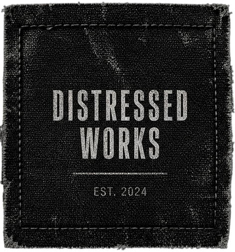 Minimalist Distressed Logo for Distressed Works Apparel Brand Minimalist distressed clothing tag logo for Distressed Works featuring worn texture, faded typography, and a black background